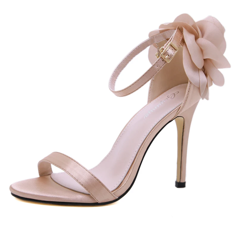 Женские атласные сандалии на высоком каблуке 11 см шелковые босоножки с цветочным