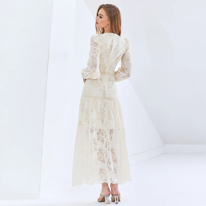 

Vintage Patchwork Lace Perspective Dress For Female Lantern Sleeves High Waist Oversized Dresses Female New 2021