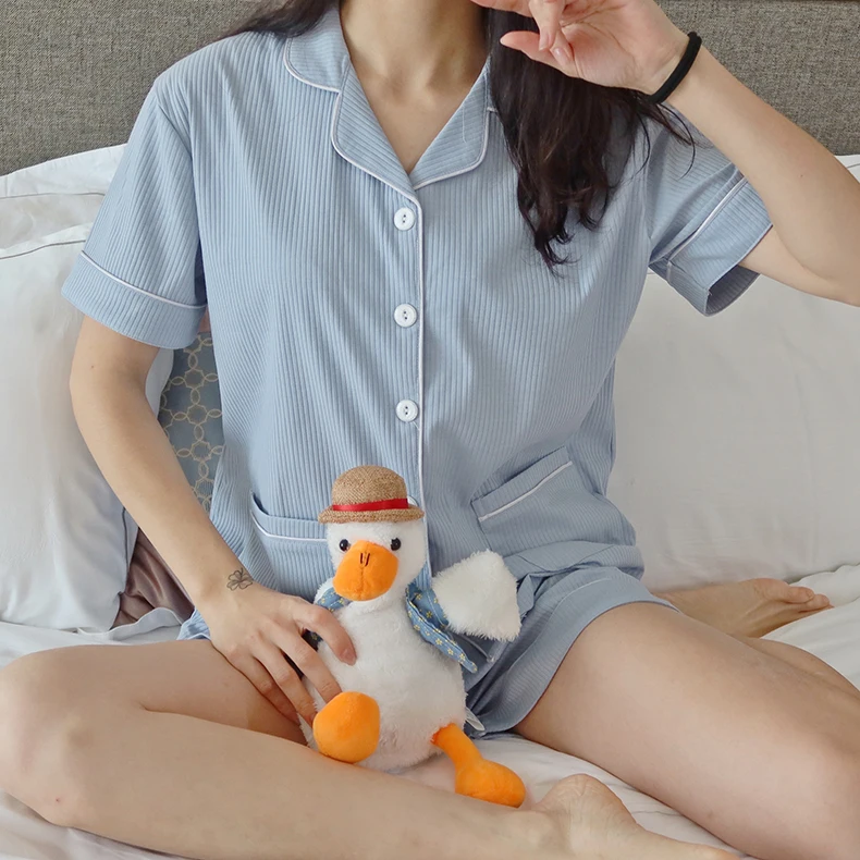 CAIYIER Cotton Pajama Set Women Summer Short Sleeve Shorts Casual Solid Contracted Girl Turn-down Collar Sleepwear Homewear