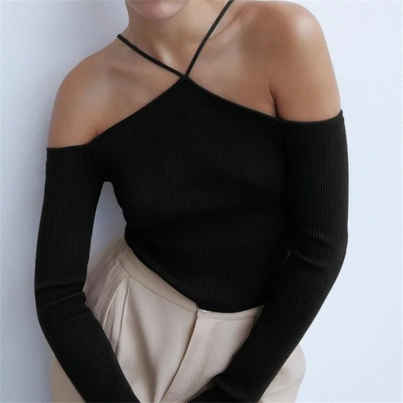 

Women 2020 Fashion Strapless Long Sleeve Halter Knit Top Hollow Knit Women Sweater Streetwear