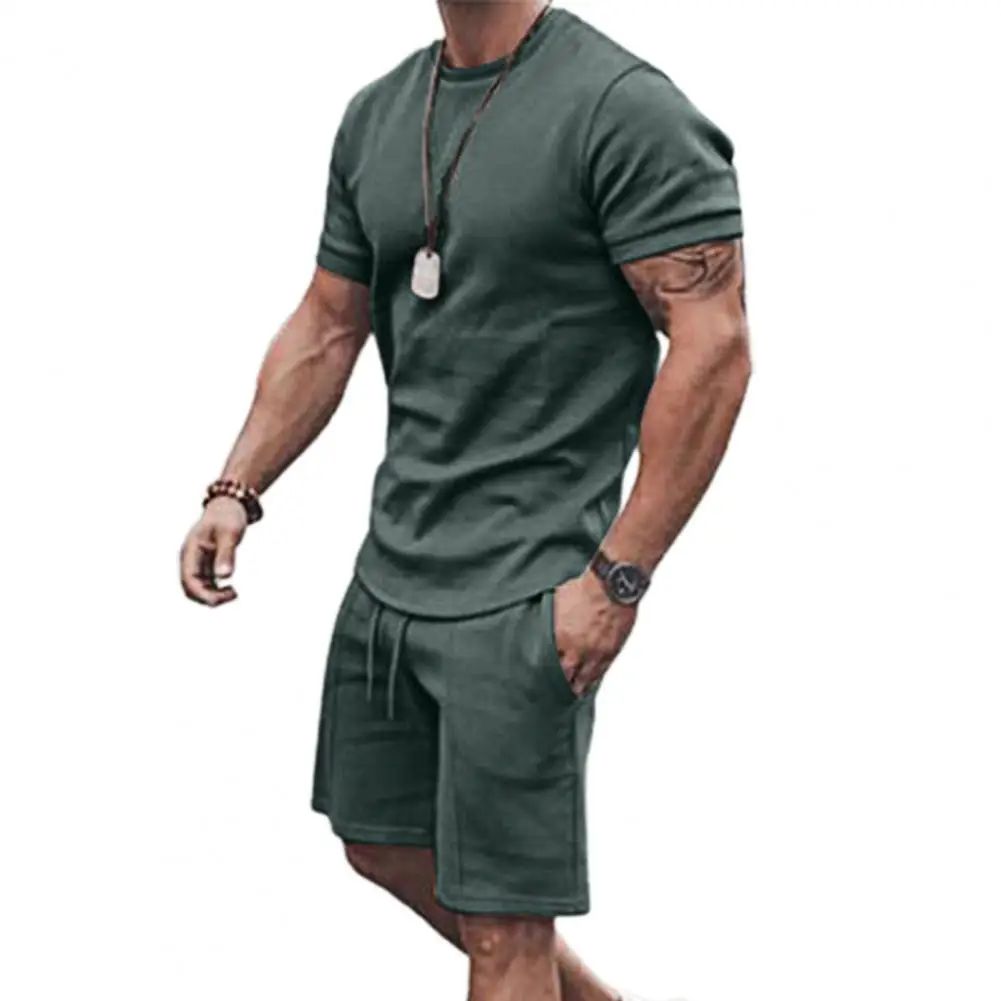 

tracksuit men summer suit Solid Color Drawstring Men Loose Short Sleeve T-shirt Pocket Shorts for Fitness men Clothing xxxl