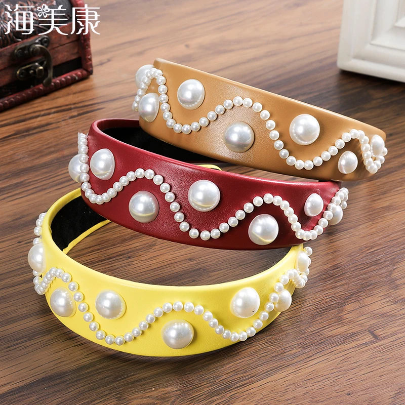 

Новое поступление, модная повязка для волос Haimeikang с жемчугом, женская классическая повязка на голову из искусственной кожи, Золотая повязка...