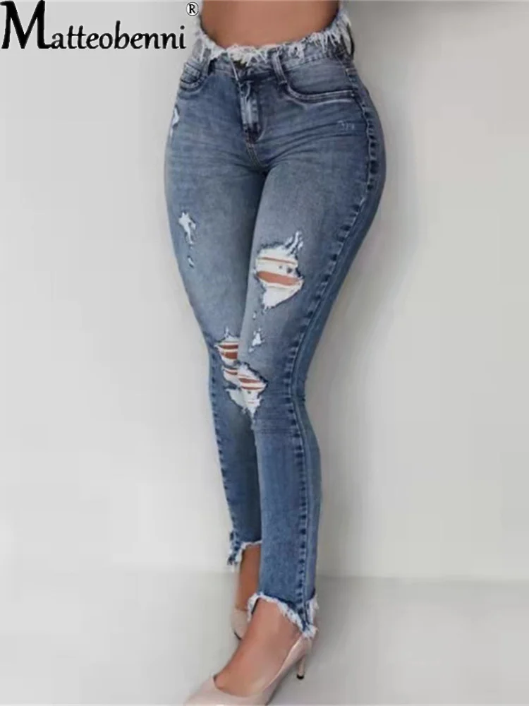 

2021 Ripped Broken Design Jeans Fashion Women Knee Holes With Tassels Hollow Trousers Stretch High Waist Slim Street Denim Pants