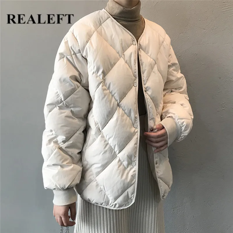 REALEFT 2021 Winter Down Cotton Padded Jackets Female Elegant Solid Color Long Sleeve Diamond Lattice Cotton Women's Warm Coats