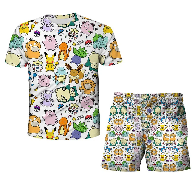 

Pokemon 3D Cartoon Printed T-shirt Children's Suit girl's top + shorts 2-piece Boy Sports Suit Summer Casual T-shirt Suit
