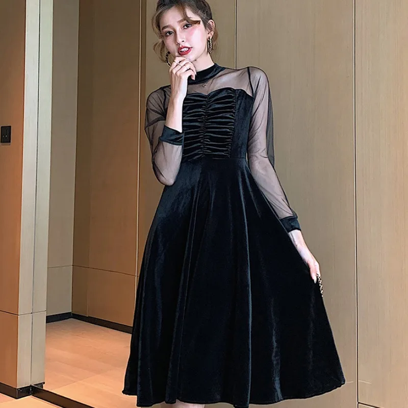 

Women 2021 New Year Winter Spring Patchwork Sexy Sheer Mesh French Black Long Elegant Party Velvet Dress 057