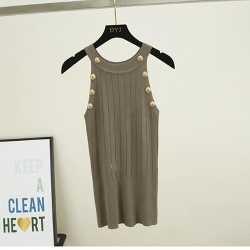

Women Soild Color Button Hollow Out Knitted Tank Tops Female Girls Double Breasted Knit Sleeveless Sweater Tanks