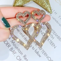 ustar bling double heart geometric drop earrings for women girls bijoux oversize gold crystal dangle earrings party jewelry