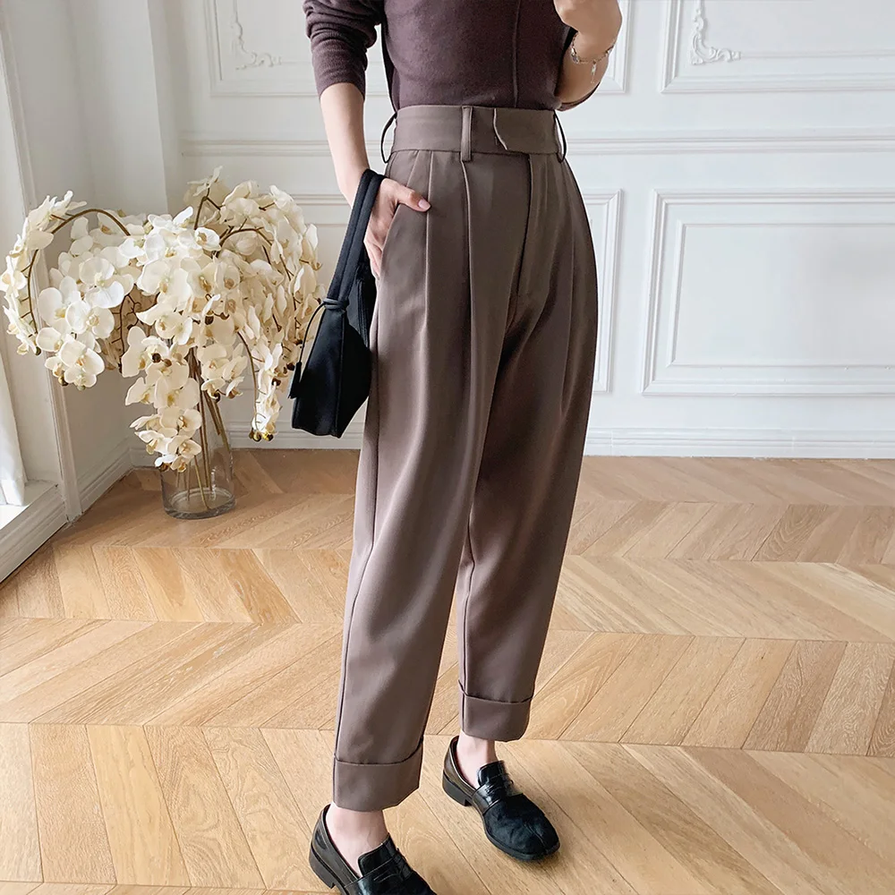 2020 Autumn Winter Female Women Trousers Pleated Ankle Length High Waist Straight Wide Leg Dropped Crotch baggy Pants For Women