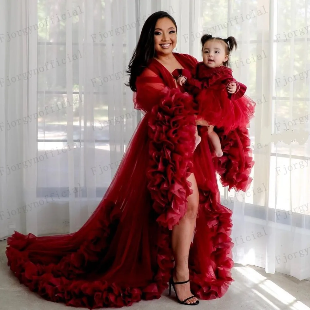 Dark Red Puffy Sleeve Sheer Tulle Family Matching Evening Dress Mother and Daughter Photo Robe Maternity Dress robe de mariée