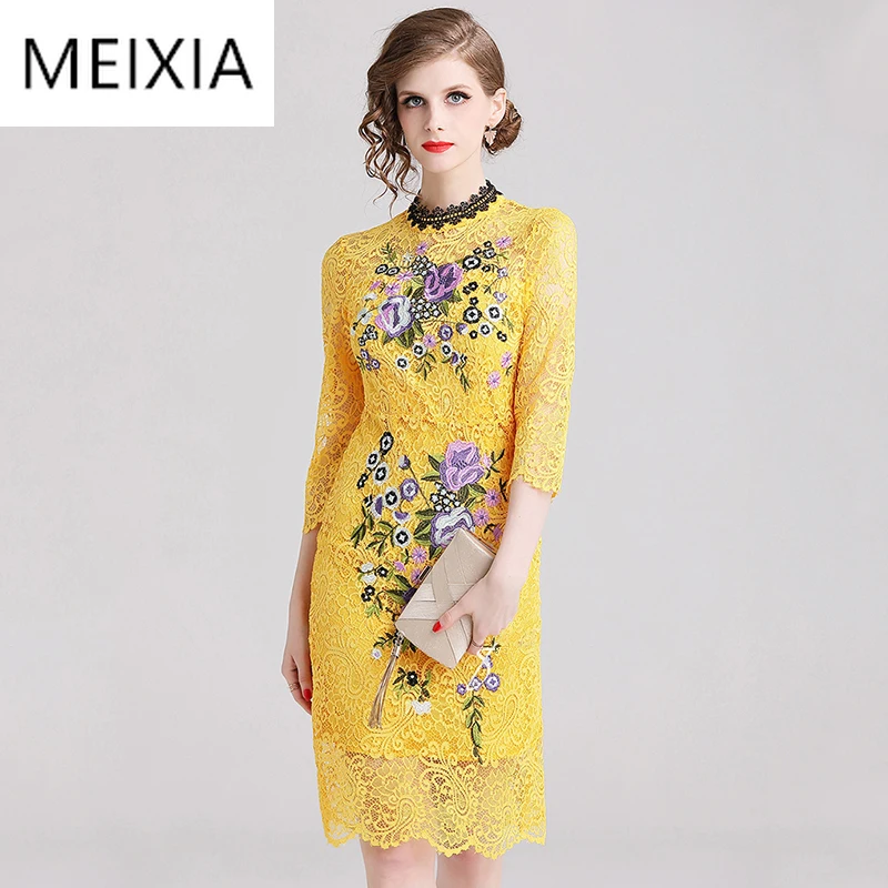 

MEIXIA Summer Elegant Sheath Dress High street Embroidery Floral women Lace dresses Knee-Length Mermaid Casual Yellow Dresses