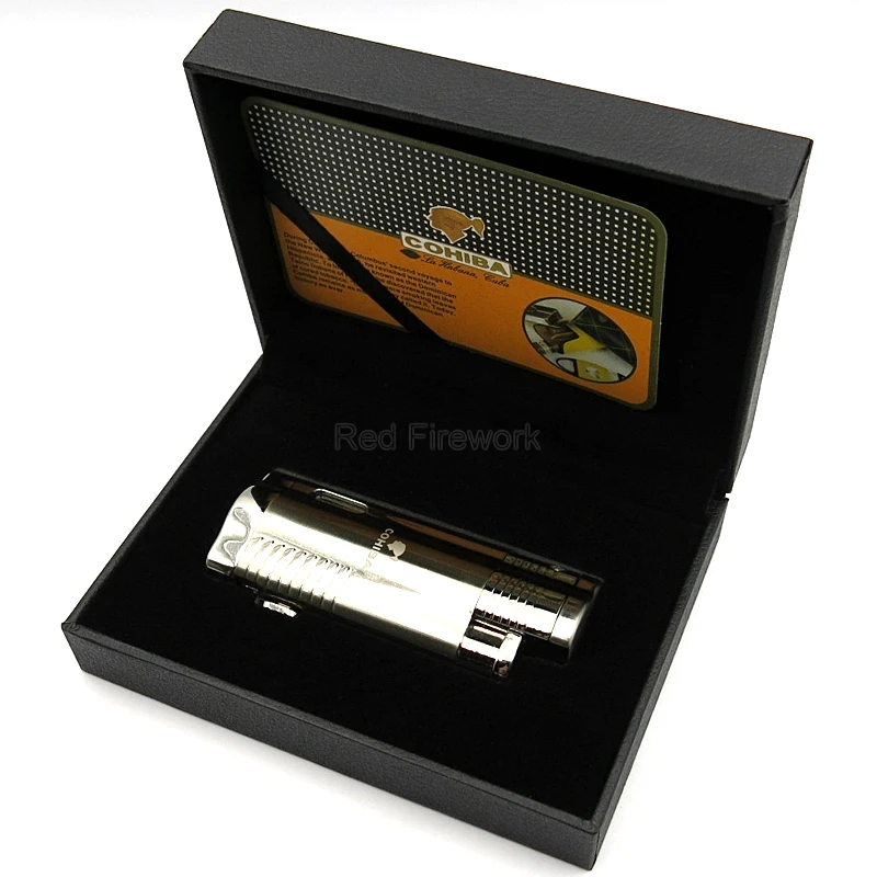 COHIBA Элегантный 3 фонарь из нержавеющей стали, ветрозащитная Зажигалка для сигар с подарочной коробкой и пробивкой для сигар