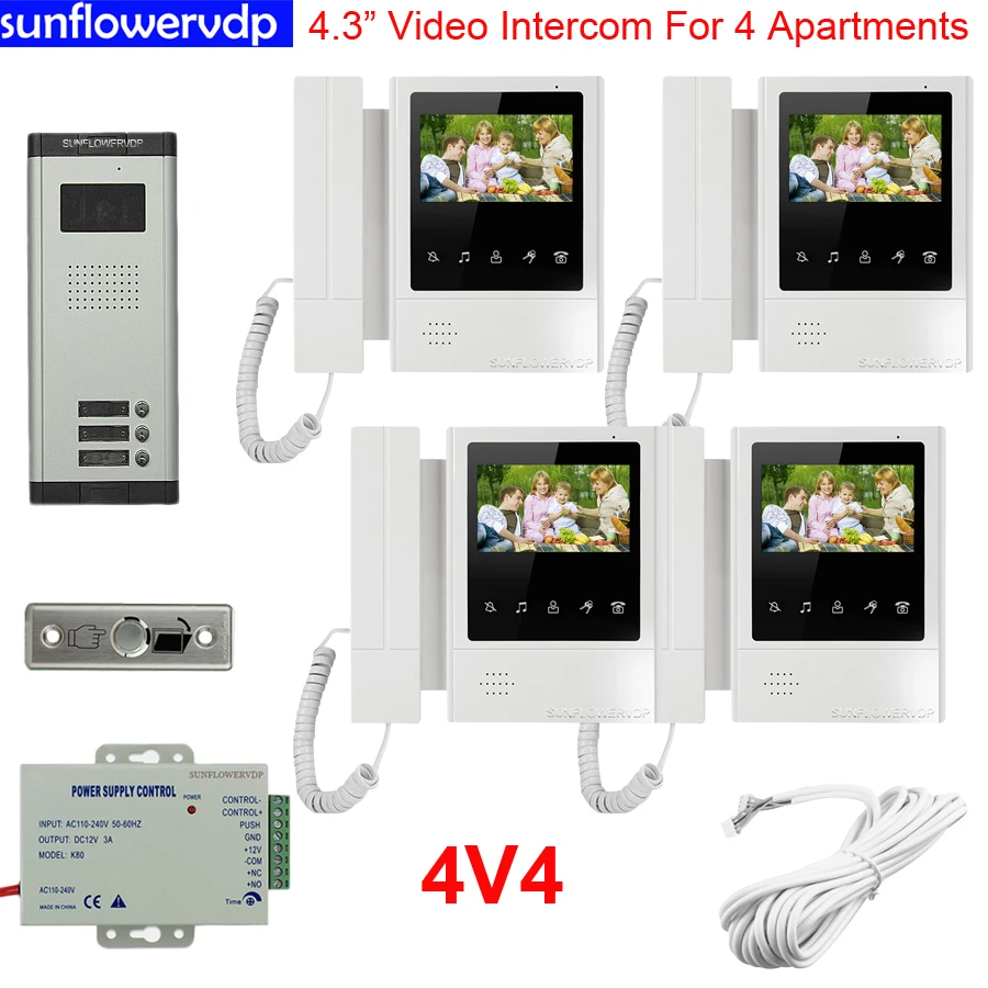 Внутреннее переговорное устройство для 4 квартир Видеозвонок 3 дюйма Hands Free & Handle