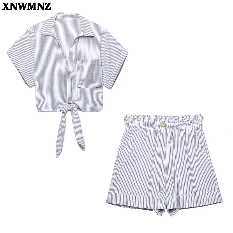 

Za women's fashion linen blend striped blouse woman v-neck short turn-up sleeves shirt ladies casual pockets button blouse 2021