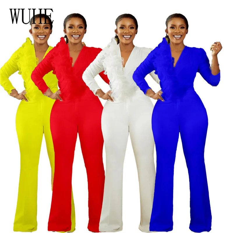 

KEXU Women Jumpsuit Solid Full Sleeve V-neck High Waist Sheath Elastic Flare Jumpsuits Office Lady Fashion Elegant Outfit