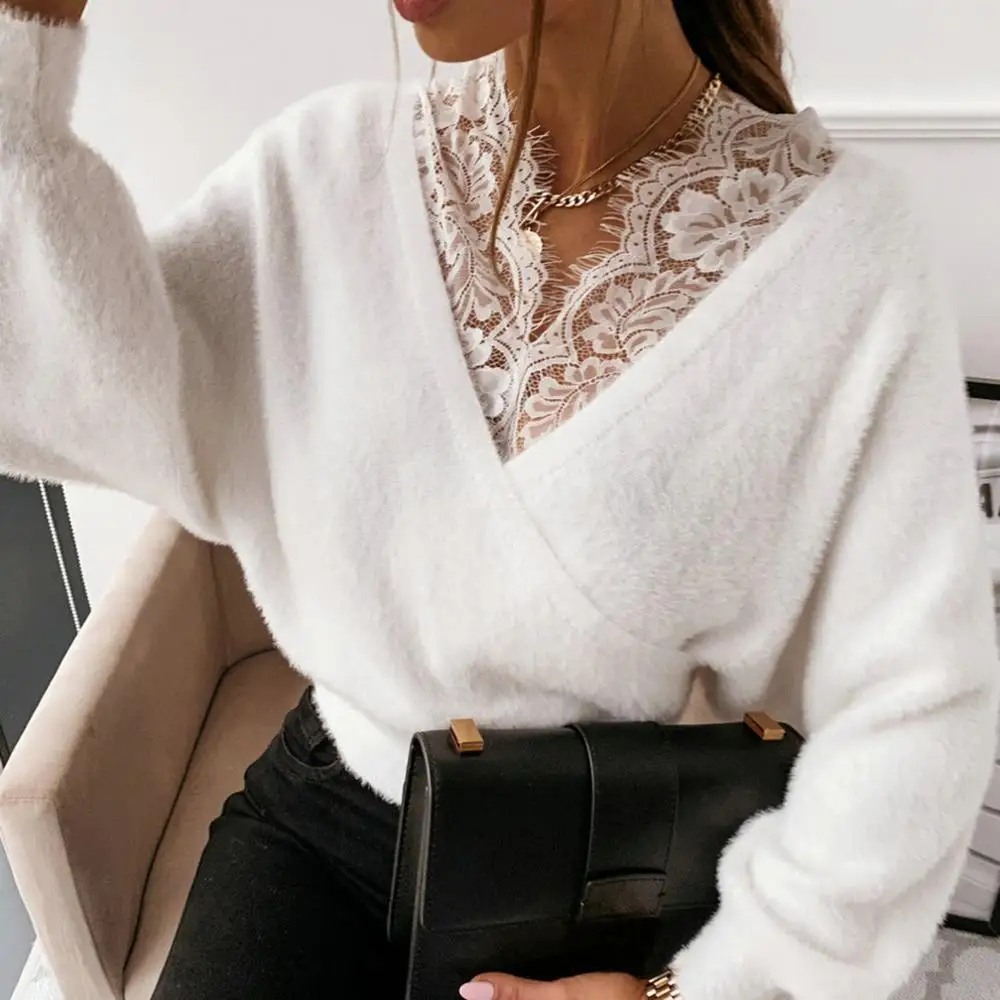 

Модный женский пушистый плюшевые блузки, зимний теплый однотонный пикантный элегантный кружевной пуловер с длинным рукавом и V-образным вы...