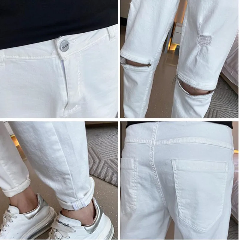 

2021 Men Ripped Skinny Zipper Jeans Black Patchwork Biker Pencil Pants Locomotive Denim Pants Streets Hip Hop Draped Jeans Male