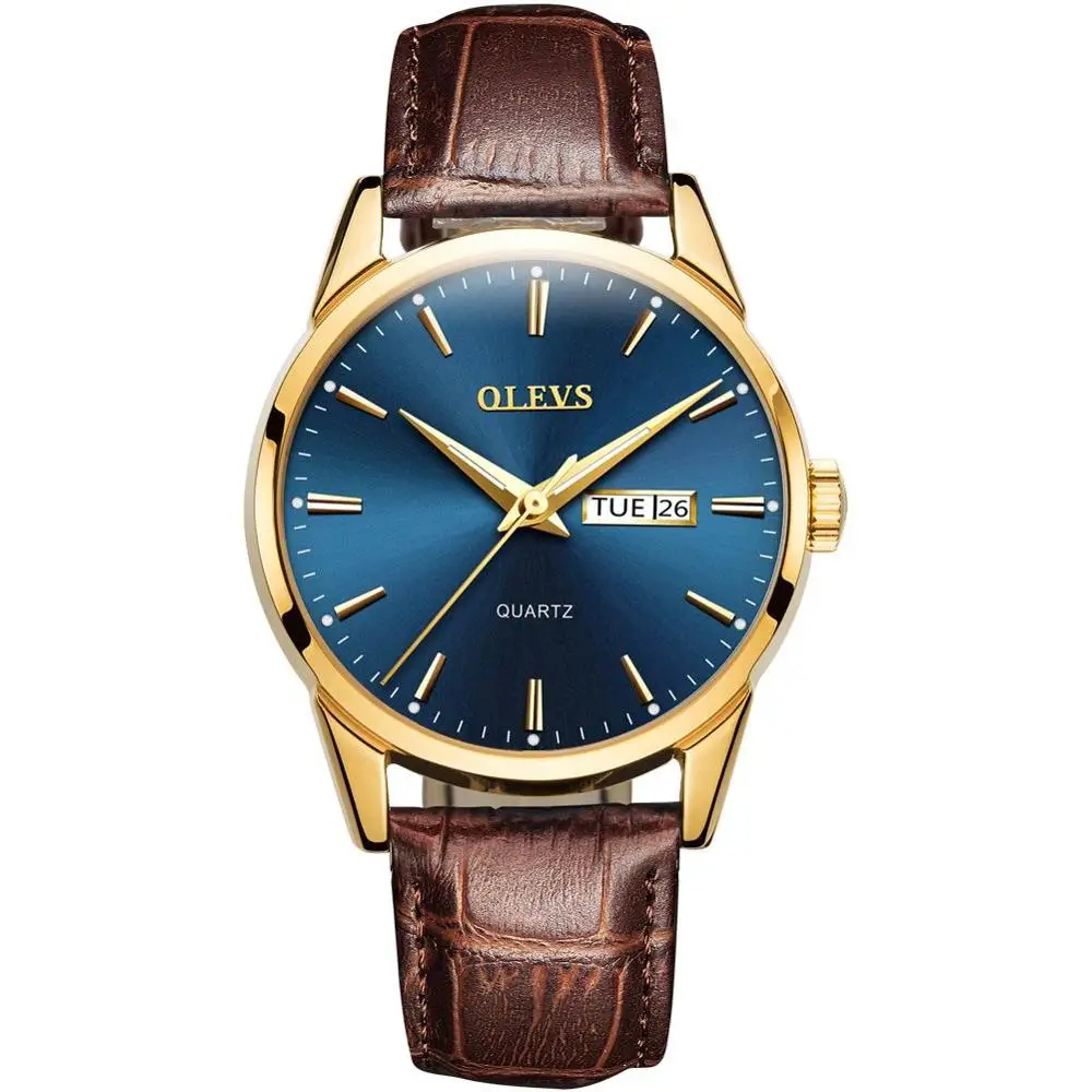- Men - Brown Blue OLEVS Простые Модные женские часы relojes mujer кожа день с датой часы женские светящиеся руки водонепроницаемые Wist часы - Цвет: - Men - Brown Blue