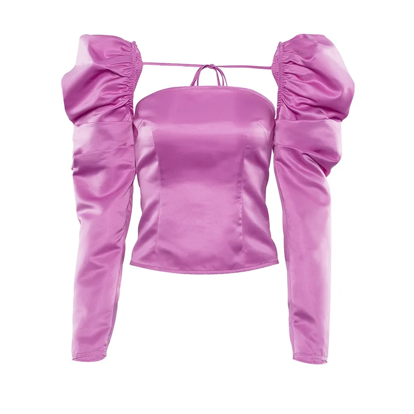 IEMUH Сексуальная шелковая фиолетовая блузка с буфами на рукавах элегантная