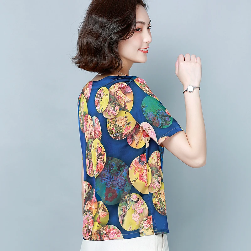 

Summer Korean Silk T-shirts for Women Vintage Tops for Women Stripe Short Sleeves Loose T Shirt Black Office Lady Shirts