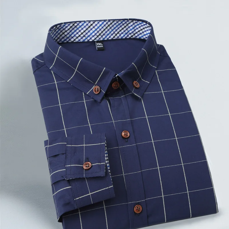 Men's Shirt Cotton Dress Plaid Shirts Male Long Sleeve Slim High Quality Fit Business Casual Cardigan Shirt Plus Size 5XL