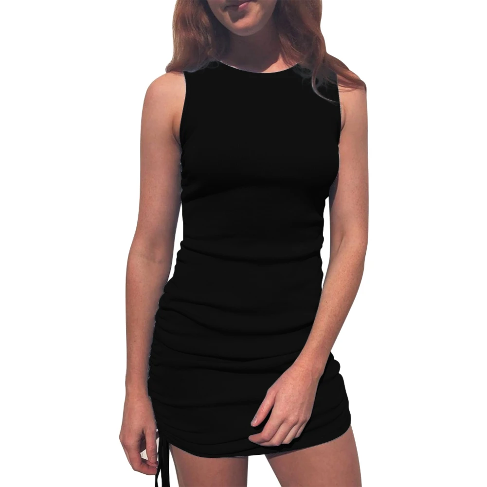 

ROPALIA Drawstring Hip Dress Round Neck Sleeveless Women Summer Short Dresses