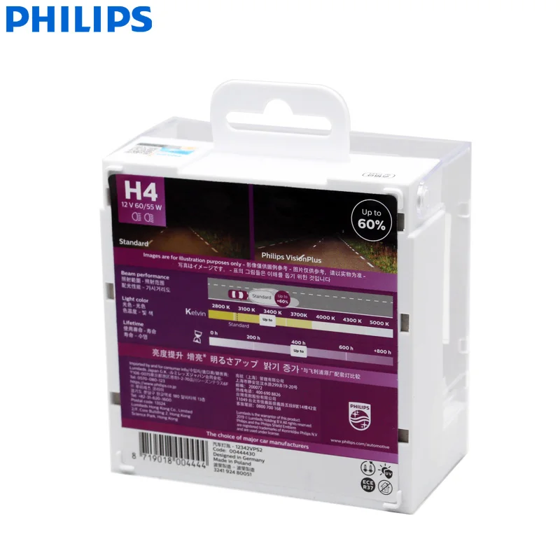 Philips H4 9003 12 в 60/55 Вт P43t VisionPlus галогенные Автомобильные фары VP + 60% яркие