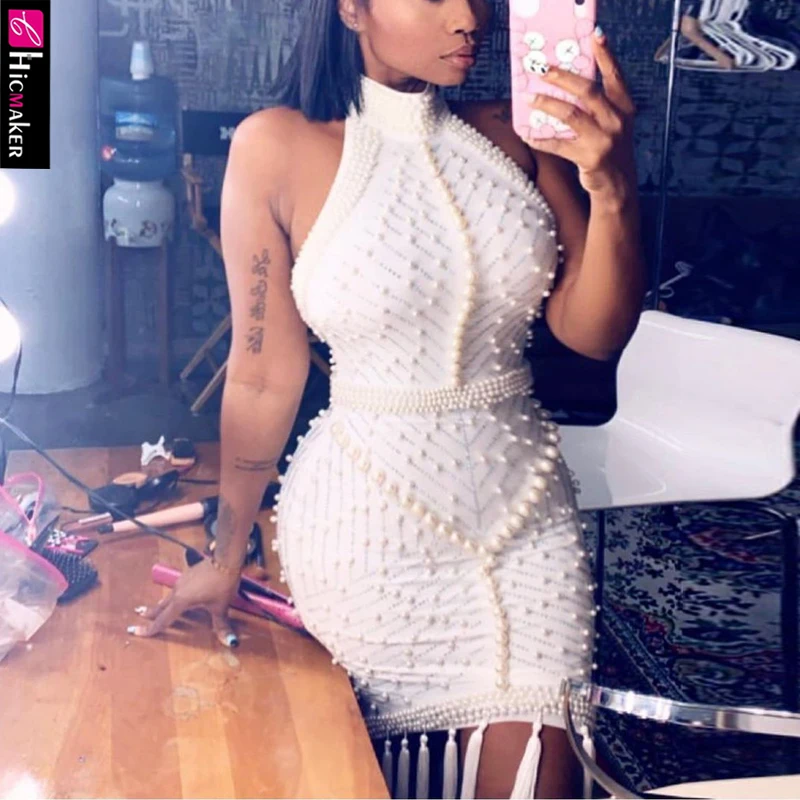 Женское платье миди с жемчужинами без рукавов кисточками и открытой спиной