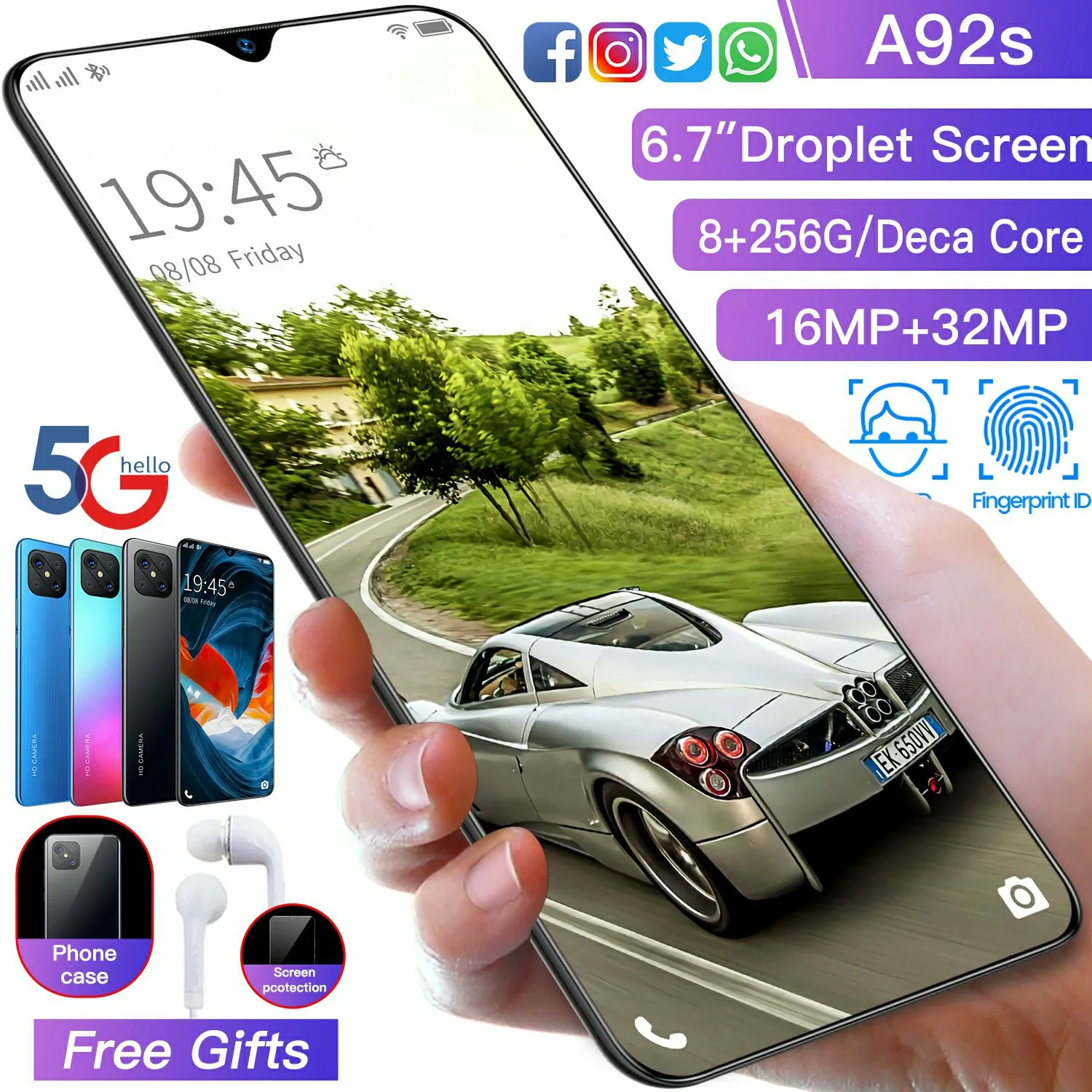 

Nwe Global Version Smartphone A92s 6.7Inch 4G 5G Android 10.0 Deca Core 4500mah 16MP+32MP 8GB+256GB Mobile Phones