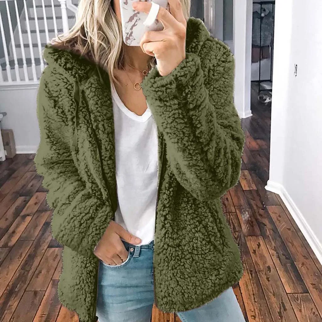

Autumn Winter Clothing Womens Ladies Warm Faux Coat Jacket Winter O-Neck Solid Long Outerwear Xmas Gift Warm Plus Size A80