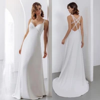 elegant lace spaghetti strap wedding dresses simple backless floor length bridal gowns v neck white satin dress custom made