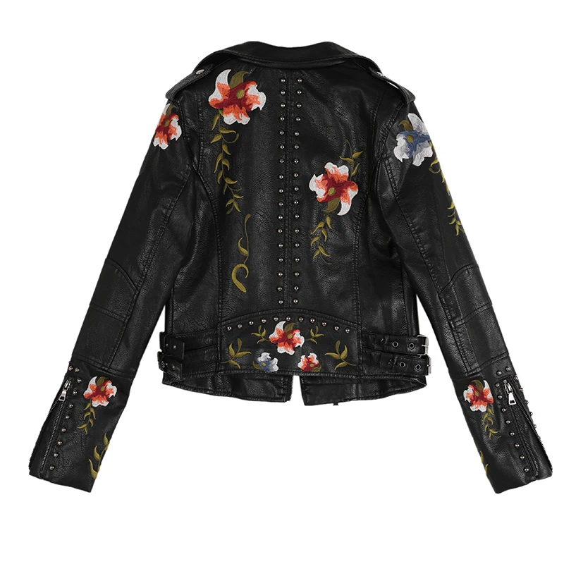 

jaqueta feminina de couro falso, casaco com estampa floral bordado gola virada para baixo estilo motocicleta casual preto punk