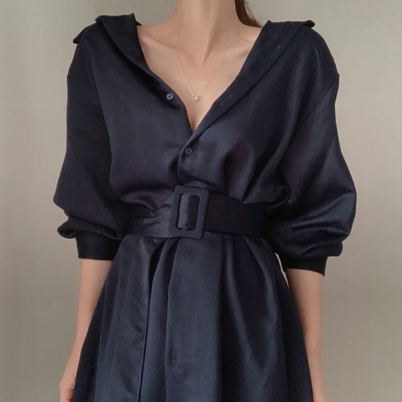 

Women Dress 2021 Spring Summer Korean Fashion shirt Dress Ladies Solid color Elegant Dresses With Belt Single-breasted Clothes