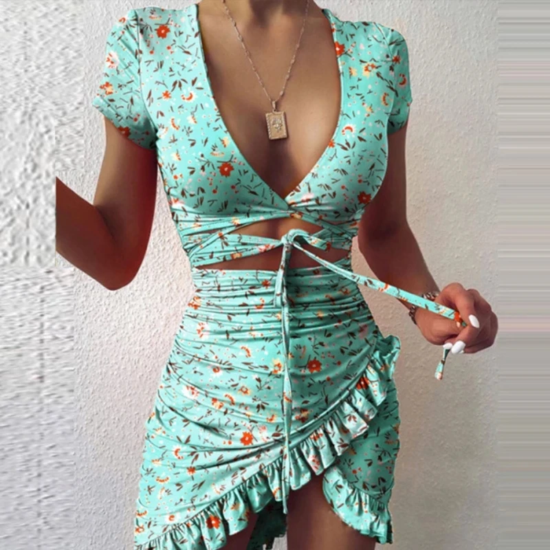 

AECU Summer Women Short Sleeve Floral Print Tie Up Wrap Mini Dress Boho Holiday Dress V Neck Ruffles Sundress Ruched Dress