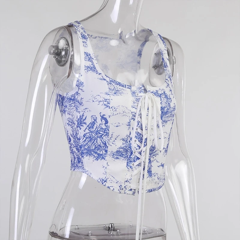 

Sexy Fairy Grunge Bandage Bodycon U-Neck Printing Hollow Corsets Streetwear K3NF