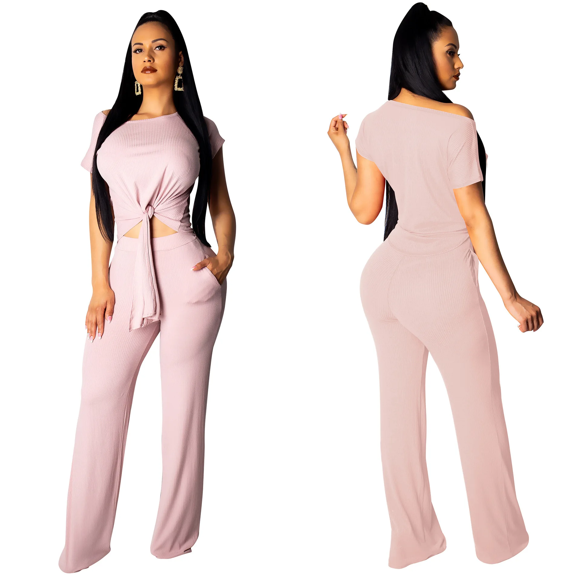 New women Summer knitted short sleeve Bandage crop tops sweater T-shirt +Wide leg Long patns Set suit 2 piece outfits for | Женская