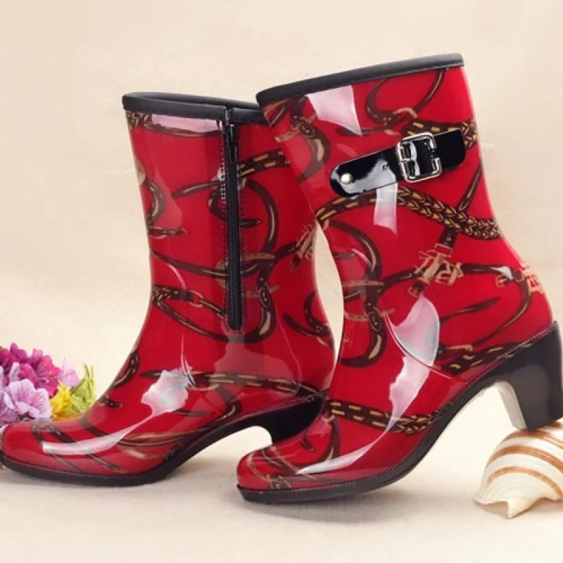 

High Heel Side Zipper Female Rainshoes Rain Shoes Snow Boots Fashion Rubber Boots Antiskid All Seasons Additive Velvet Warmth