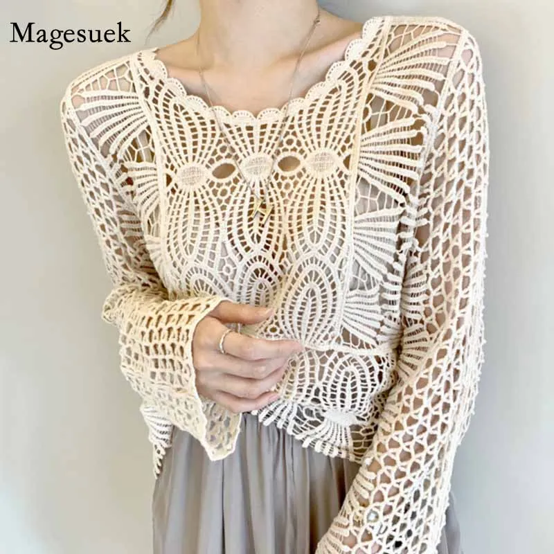 

Chic Sweet Lace O-Neck Hook Flower Hollow Out Crochet Blouse Elegant Tops Long Sleeve Faahion Shirt Woman Chemisier Femme 12693
