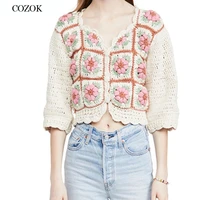 fall 2021 womens fashion crochet top cropped cardigans cute v neck short sleeve floral knitted sweater short knitwear