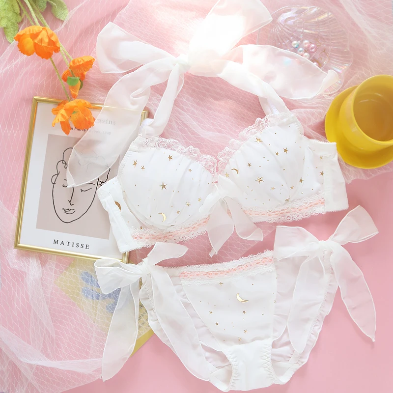 Sexy Japanese Sweet Lovely Starry Sky Lolita Push Up Underwire Bra & Panties Lingerie Set Young Girl Bandge Bow Underwear Set