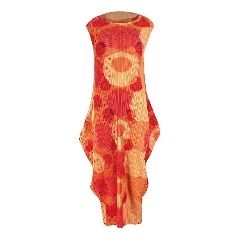 

TVVOVVIN 2021 New Summer Female Pleated Dress Korean Fashion O-neck Sleeveless Loose Printed Ankle-length Dress PPMM