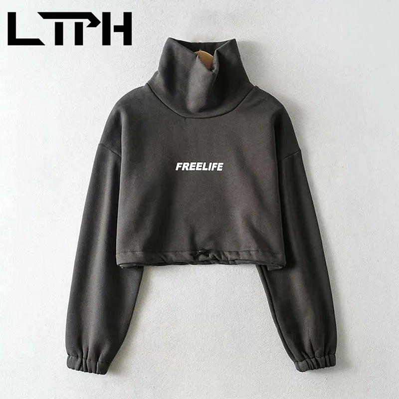 

LTPH loose turtleneck women sweatshirts pullover Letter long sleeve top short drawstring warm sweatshirt 2021 Autumn Winter New