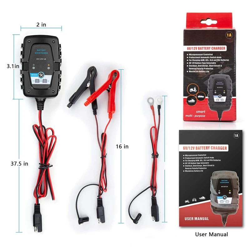 6V 12V 1А Зарядное устройство для аккумулятора с медленной зарядкой и поддержкой автомобилей, смарт-плавка для автомобилей, мотоциклов, газонокосилок, квадроциклов, домов на колесах SUV и гольфа.