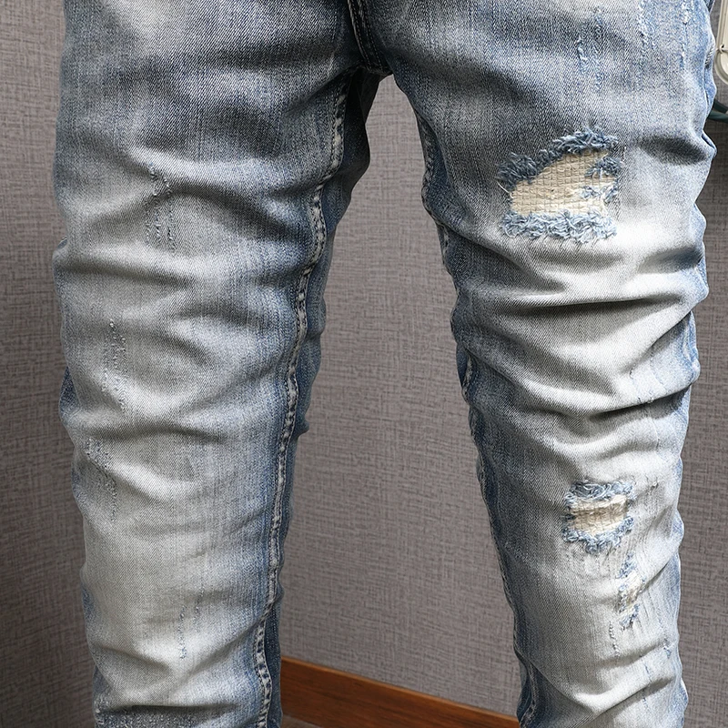 Classic Mens Light Blue Ripped Jeans Men Streetwear Casual Straight Slim Fit Pants Cotton Denim Trousers