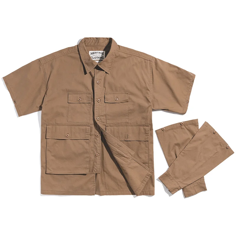 Maden Men's Retro Army Green Detachable Sleeve Shirt Vintage Big Pocket Shirt Men - Цвет: Brown
