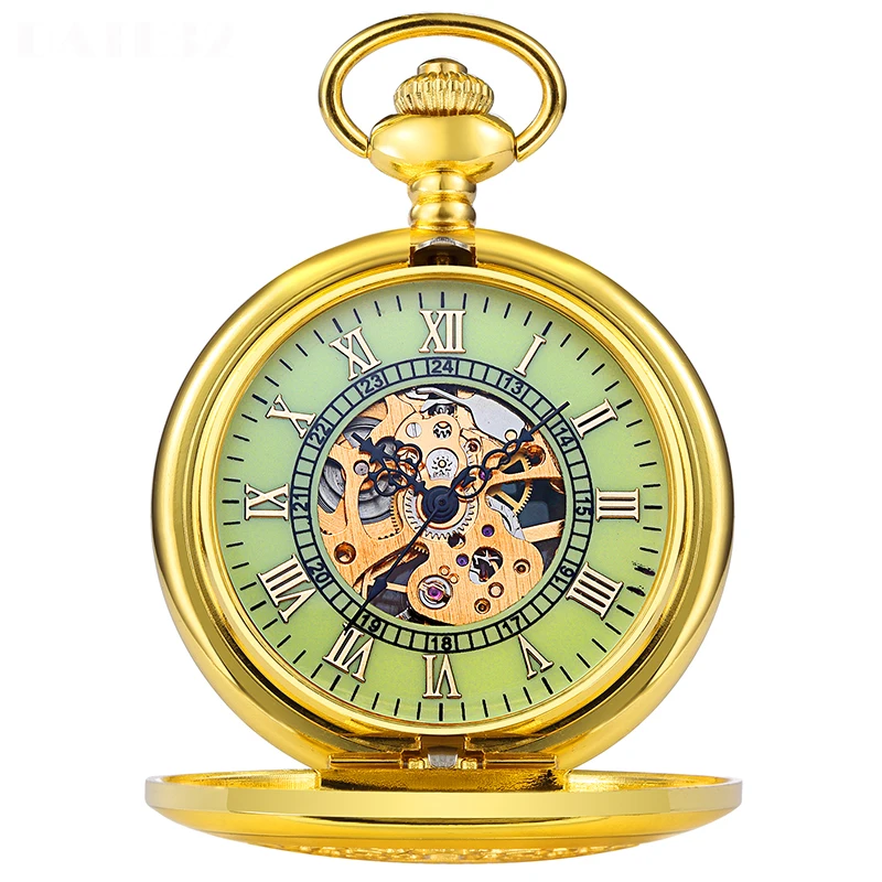 Roman Numeral Luxury Mechanical Pocket Watch Golden Skeleton Case Luminous Dial Male Fob Chain Clock for Men Women Dropshipping