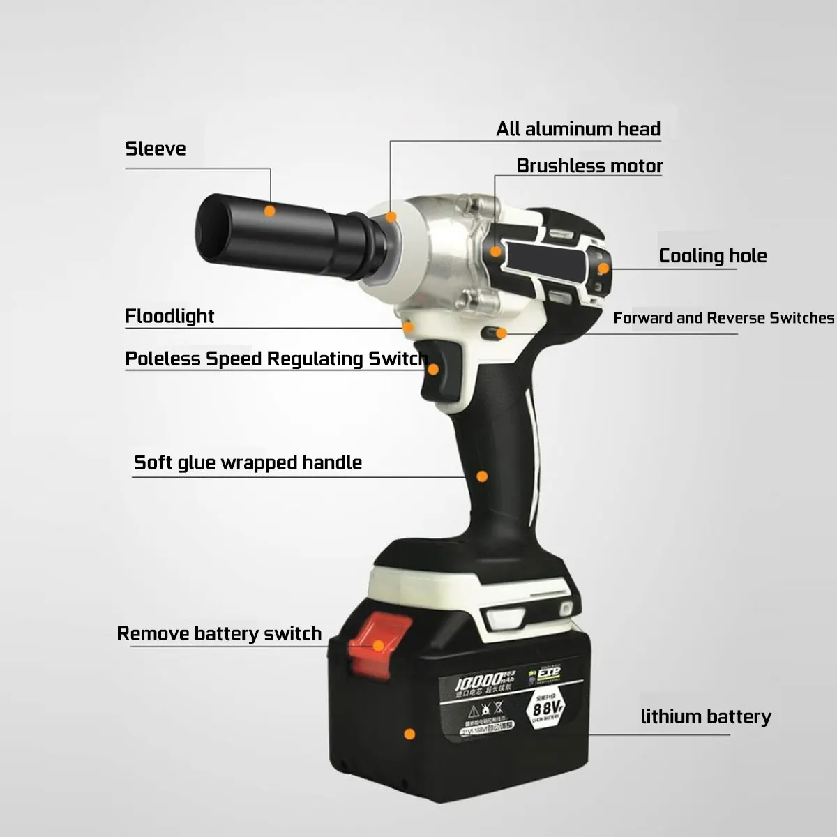 

110-240V 88V 520Nm Li-Ion Cordless Impact Brushless Wrench Driver 1/2Inch Electric Wrenchs Power Tool With 2 Batteries 10000mAH