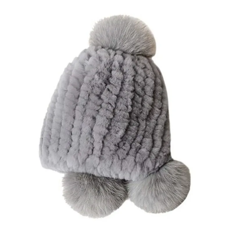 Russian Winter Real Rex Rabbit Fur Earflap Hat Child Boy Girls Knitted Caps DIY Warm Soft Fur Beanies Child