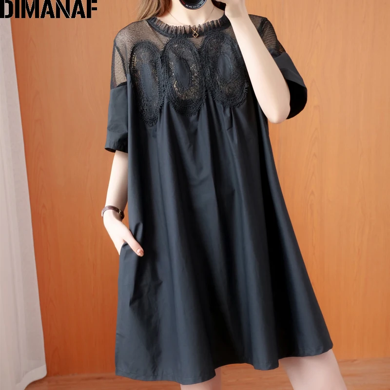 

DIMANAF Plus Size Summer Blouse Shirt Women Clothing Lace Floral Spliced Elegant Sexy Lady Tops Tunic Loose Shirt Dress Big Size