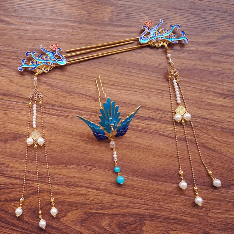 

Hanfu Burnt Blue Peacock Ancient Style Kanzashi Hair Stick Phoenix Antiquity Step Shake Pearl Tassels Hairpin Set